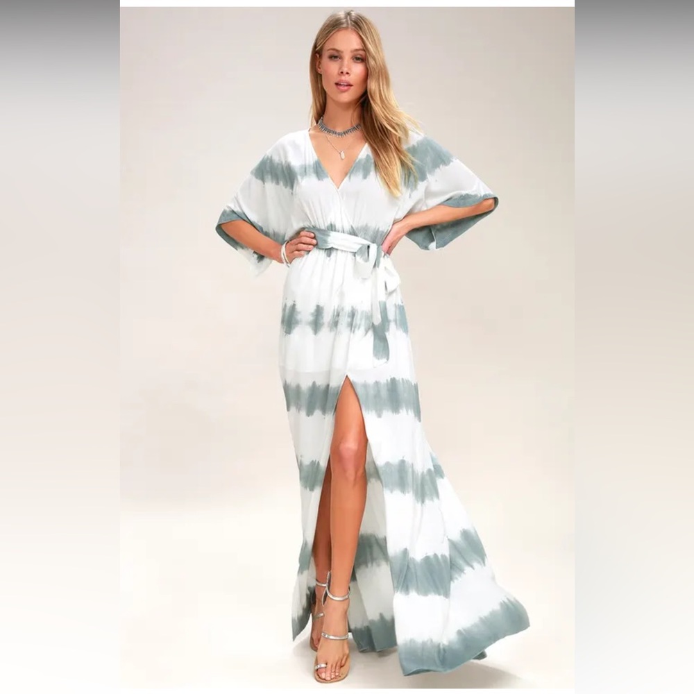 LIKE NEW Lulu’s La Concha Dusty Sage Tie-Dye Wrap Maxi Dress